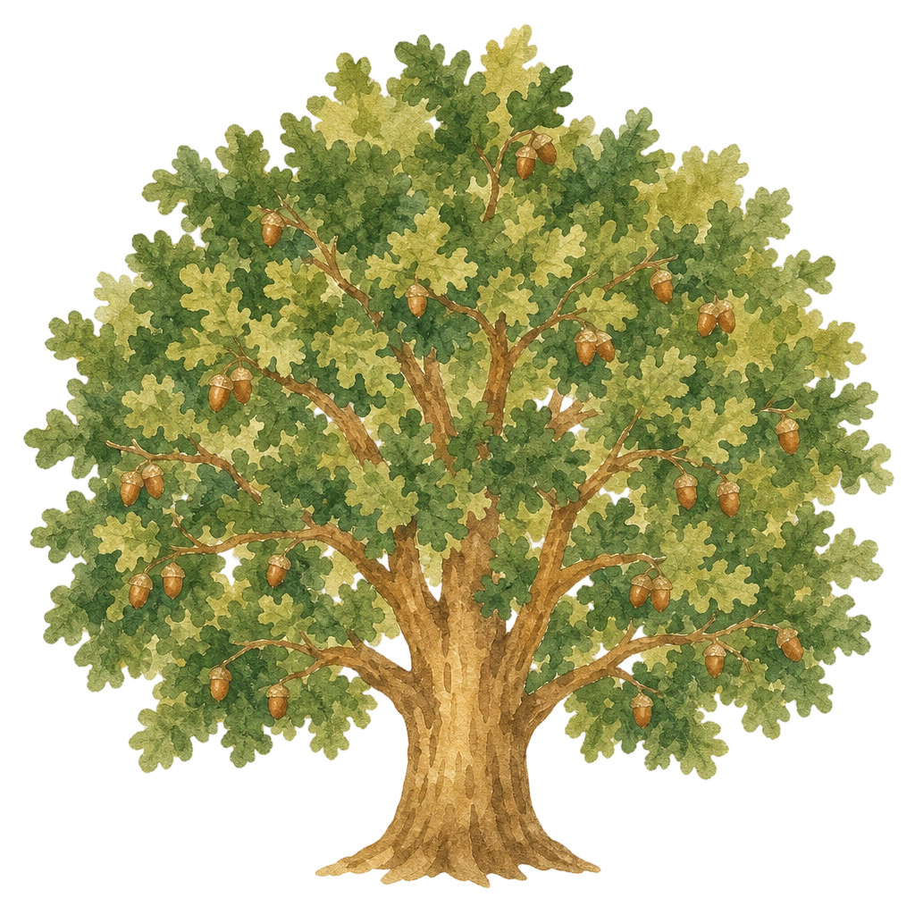 A watercolor oak tree with green leaves and acorns, representing growing understanding